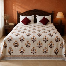 Indian Handmade Kantha Quilt Block Print Bedspread Cotton Floral Bedcover
