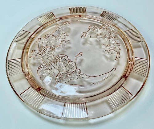 Sharon Pink Cabbage Rose Federal Depression Glass Footed Cake Plate 11.5"