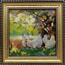 Hen original oil painting with signature framed farm animals 4x4 inches
