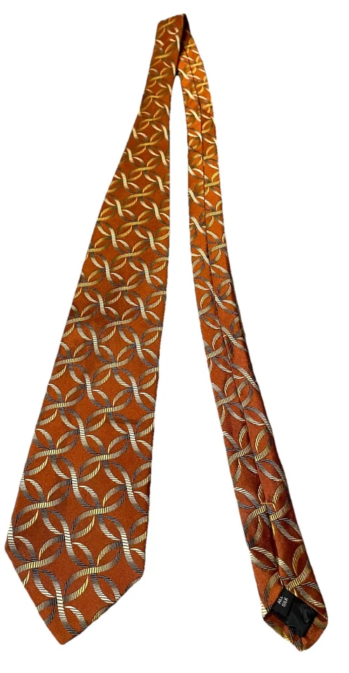 Gravata de seda Bachrach masculina rústica marrom prata ouro link infinito 4”x60” feita nos EUA - Imagem 2 de 4