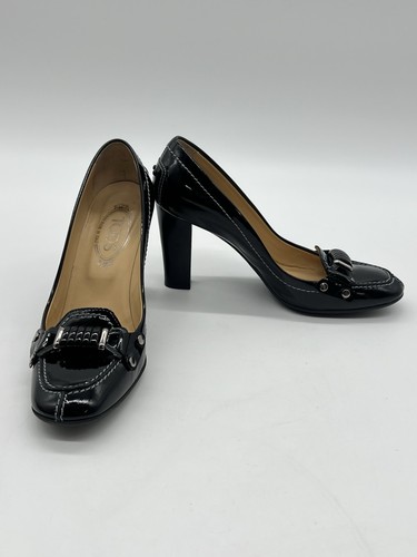 Tods Womens 9.5 Black Patent Leather High Pump Heeled Horsebit Split Toe Shoes. - Picture 13 of 15