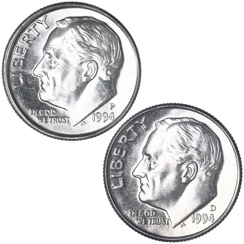 1994 P & D Roosevelt Dime 2 Coin Set Pulled From Mint Proof Sets