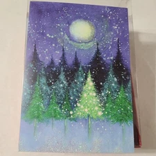 PAPYRUS Christmas Holiday Cards Tree Under Moon glitter open box - 8 cards only