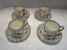 Antique Johnson Bros Pareek Rockwell Silver-Lustre Demitasse Cup & Saucer 8 Pc.