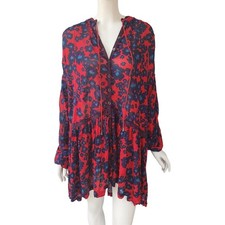 Free People Mini Dress Love Letter Fairy XS Red Blue Floral Boho Balloon Sleeve