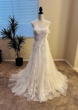 Melissa Sweet 3D Floral Metallic Lace Strapless Ivory Wedding Dress Size 8 NWT