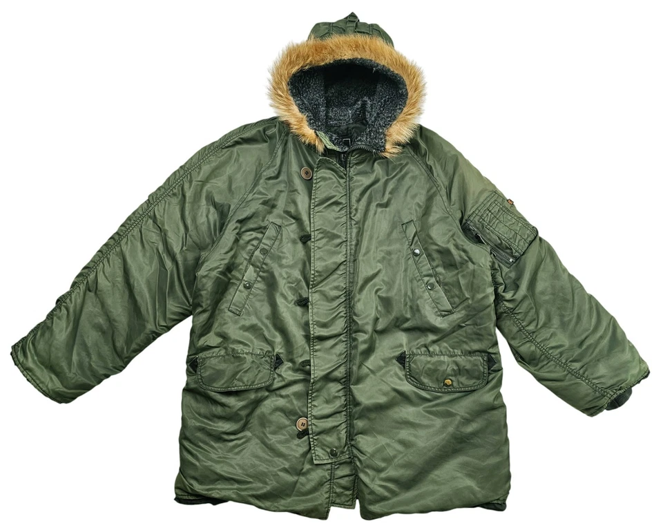 *HOT Men's ALPHA INDUSTRIES N-3B MILITARY PARKA COLD FUR HOODED Zip GREEN Coat L - Image 2 of 4