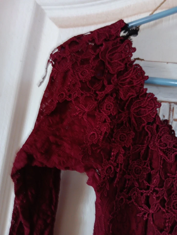 Vestido De Colección Años 80 Encaje Florentia Fiume Romántico Victoriano Borgoña Talla M Foto 3 de 4