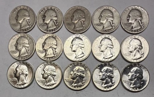 Lot of 15 Washington 90% Silver Quarters 1937-1958, Key dates & UNC Coins