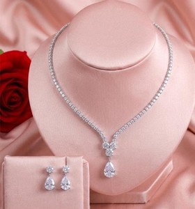 Authentic 20Ct Teardrop Necklace & Earrings Jewelry Set Lab-Created14k White Gold Plated