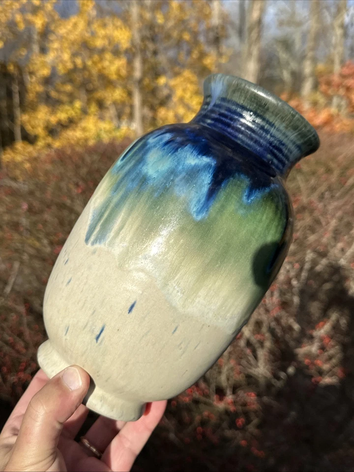 FULPER ARTS-CRAFTS POTTERY IVORY BLUE FLAMBE GREEN GLAZED VASE SHAPE #528 - Image 3 of 4