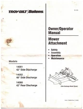 1990s Troy-Bilt Owner's Manual Mower Attachment Models 14051, 52, 60