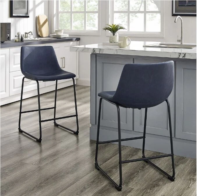 Blue Counter Bar Stools Set of 2 Arm Less Foot Rest Faux Leather