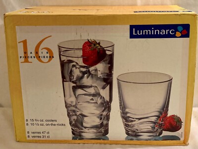 Luminarc Oasis Glasses 16 Piece Coolers Rocks Tumblers New Factory Sealed