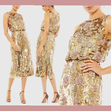 NWT $798 Mac Duggal [ 4 ] Hand Beaded High Neck Midi Dress Gold #J570