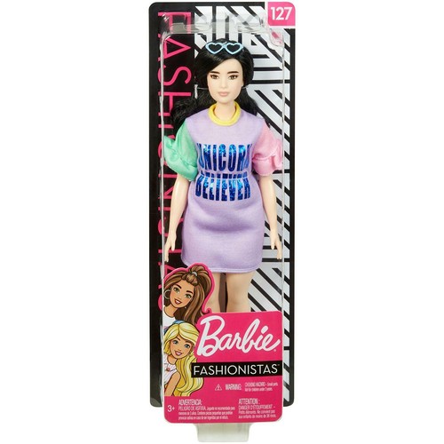 Barbie Fashionistas Puppe 127 - kurvig mit dunklen Haaren und Einhorn Gläubiges Kleid - Bild 4 von 8