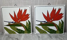 lot of 2 BIRD of PARADISE DECORATIVE TILES orange green on white hanger 6 inch