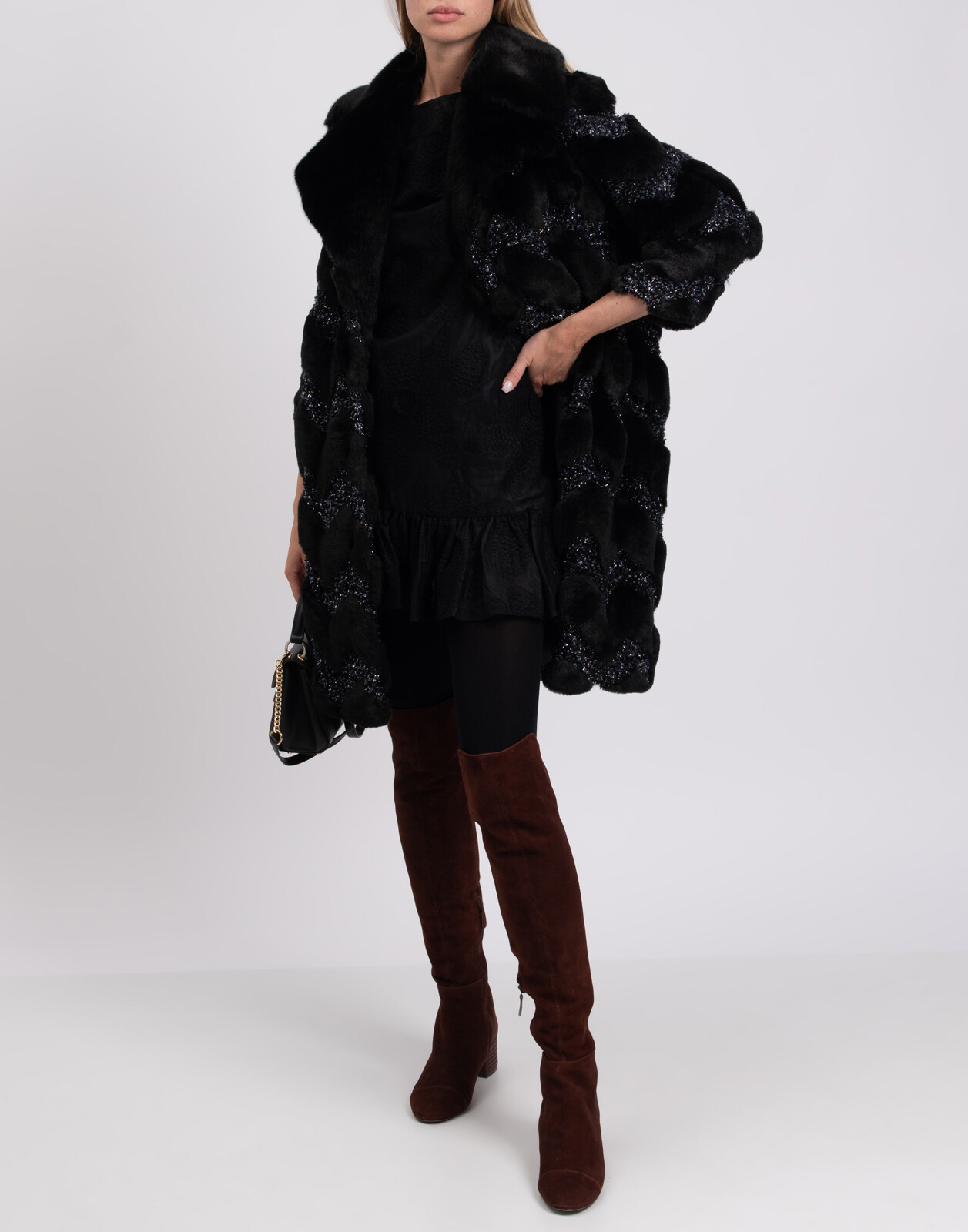 ALTRA Cappotto pelliccia sintetica RRP €665 AINEA taglia 38 XS inserti in maglia zoppa Made in Italy