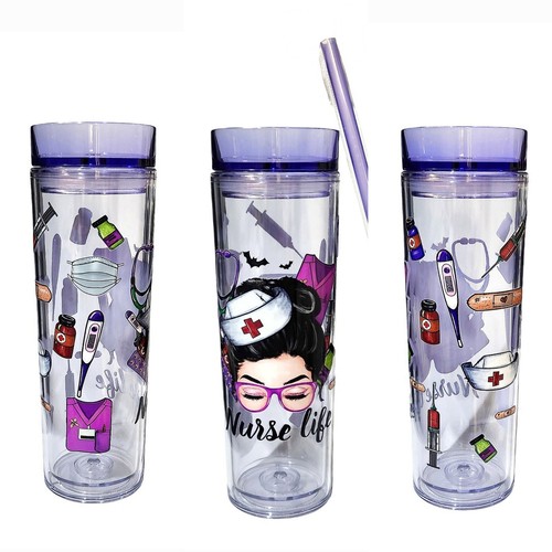 Nurse Life Acrylic Skinny Tall Tumbler Cup 16oz Purple