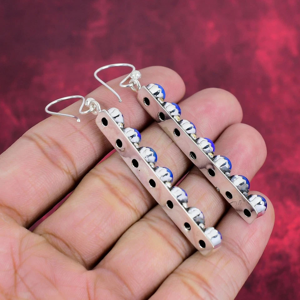Pendientes de plata de ley 925 hechos a mano con piedras preciosas de lapislázuli joyería Foto 4 de 4