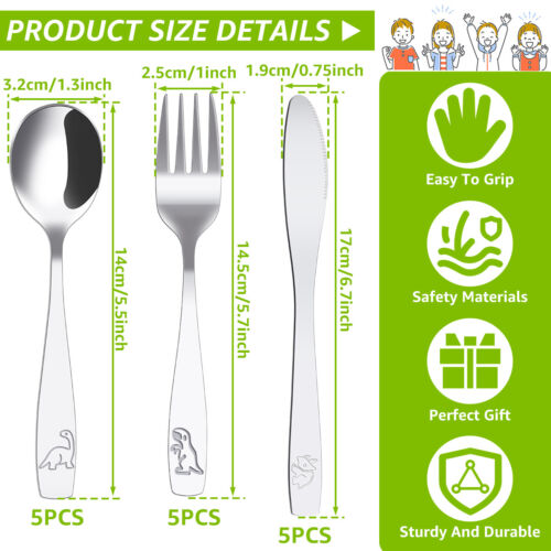15Pcs Kids Silverware Set 410 Stainless Steel Kids Fork Spoon and Cutter guicG