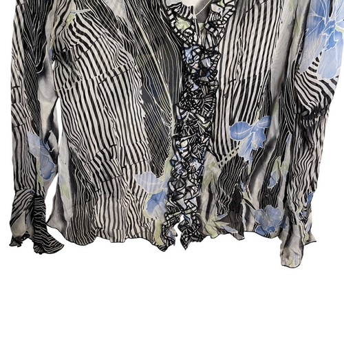 Tess Blouse Women's Large Colorful Floral Ruffle Sheer 100% Silk Long Sleeve Top - Picture 3 of 12