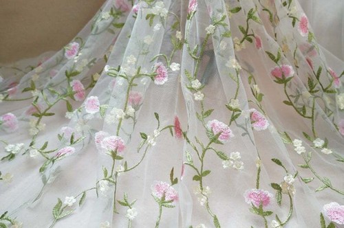 Green Pink Embroidery Floral Tulle Lace Fabric DIY Girl Dress Cloth By the Yard - Picture 2 of 8
