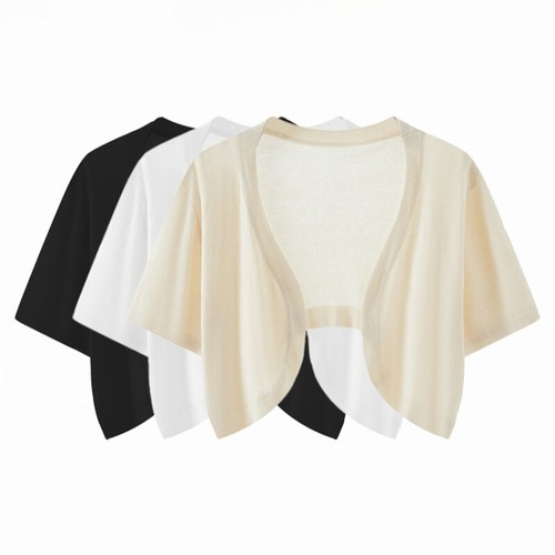 Women Short-sleeved Cropped Cardigan Thin Ice Silk Knit Shawl Shirt Blouse Chic - Bild 4 von 14