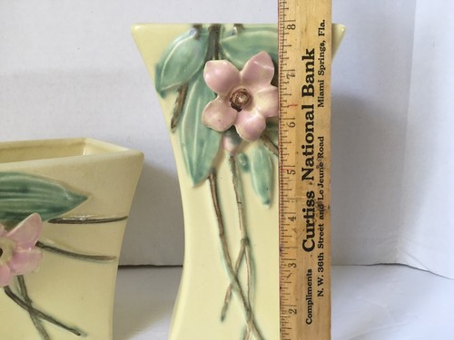 McCoy Pottery Vintage 1940s Yellow Blossom Time Floral Pink Flower Vases Pair - Picture 2 of 9