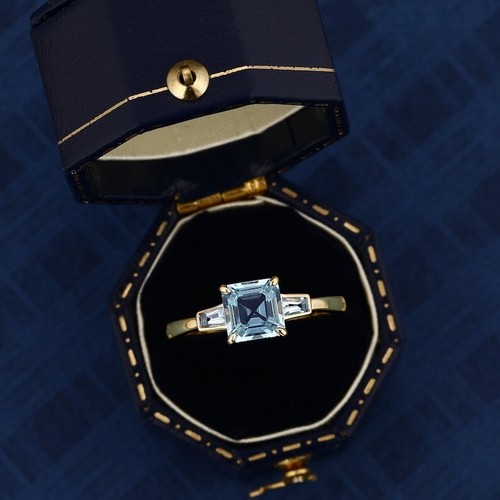 Princess Cut Natural Aquamarine 14K Gold Plated Silver Art Deco Engagement Ring