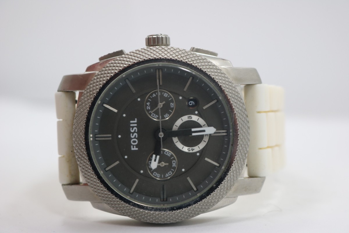 Fossil Mens Chronograph FS-4553 Watch White Band Grey Dial 