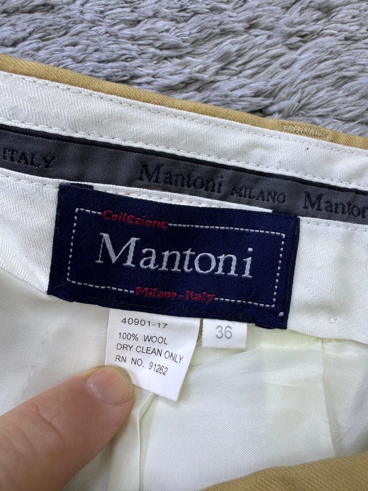 Mantoni 裤子男式 36x30 黄色羊毛打褶袖口休闲裤米兰意大利 — 第 3/4 张图片