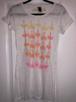 New Simdog Womens White Burnout Chandelier Neon T Shirt Top 50/50 Blend Crystals