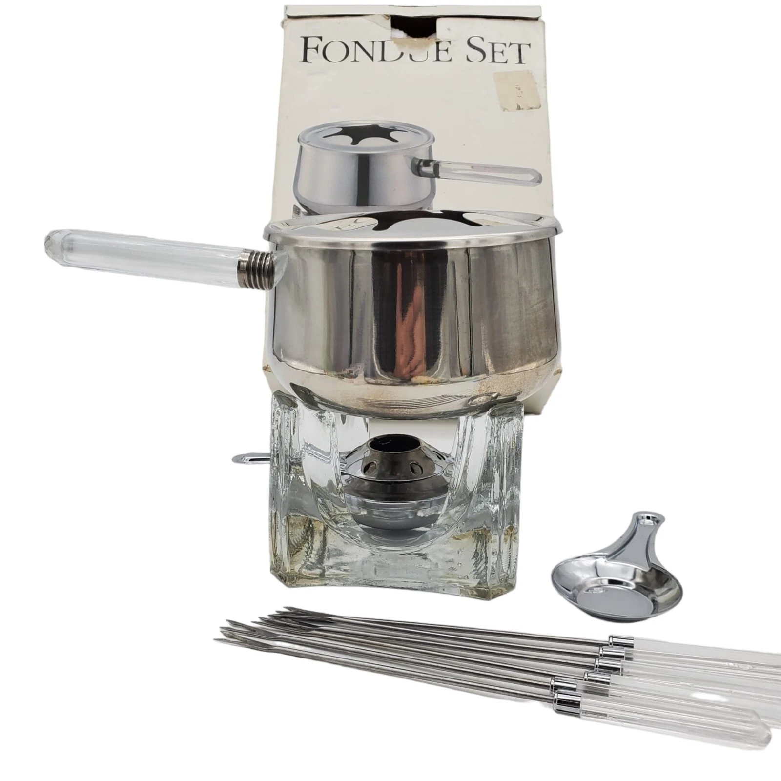 VTG Roshco Fondue Set Stainless Steel Glass Cube with box Modern Design