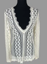 Womens Sheer Lace Mesh Layering Top Size L Ivory Long Sleeve Y2K  Fairy