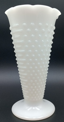 Vintage Anchor Hocking Milk Dot Dash Glass Hobnail Flared Trumpet Vase Footed