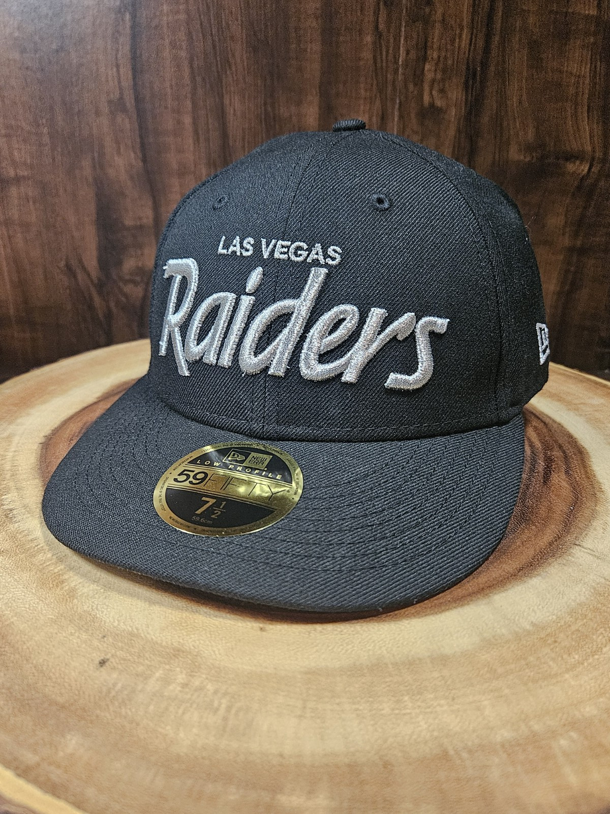 Las Vegas Raiders Script New Era 59Fifty LP Fitted Hat Cap Size 7 1/2 NFL Black