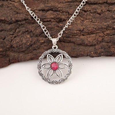 Round Pink Rubellite Handmade Engagement Boho Fine Pendant 925 Sterling Silver