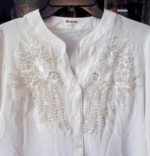 NWT Anthropologie Kindred White Beaded Embroidered Roll Tab Sleeve Blouse 2X