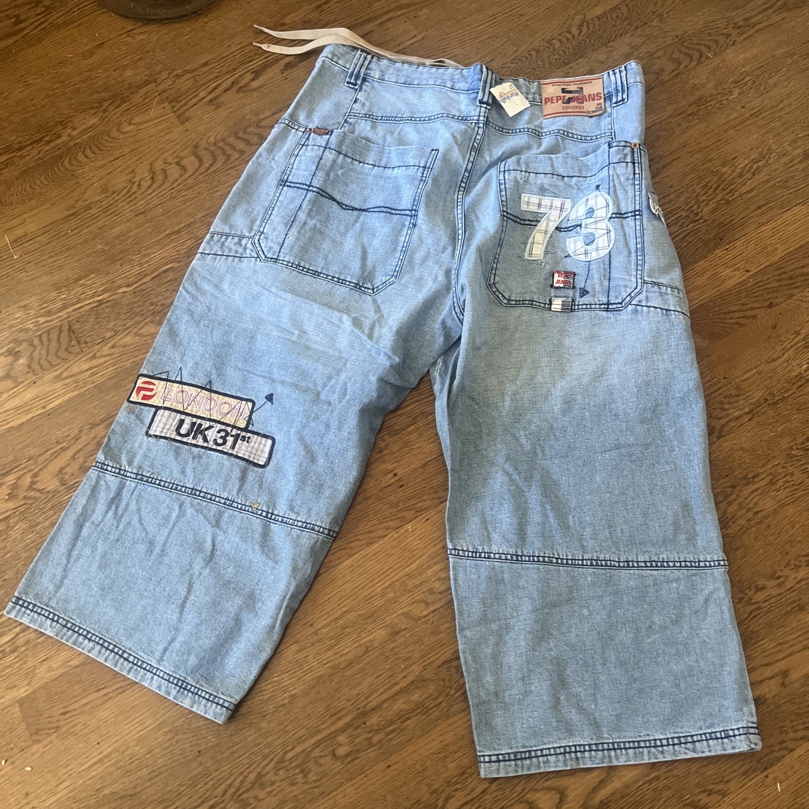 Pepe Jeans Patch Work Y2K Jeans Wide Leg Embroidered Hip Hop VTG Rave JNCO 38”