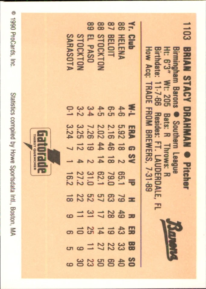 Brian Drahman 1990 ProCards #1103 RC Birmingham Barons *AutographDen* - Image 2 of 2