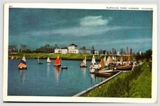 1940s Linen Postcard Burnham Park Harbor Rainbow Fleet Chicago Cook County IL C