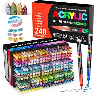 Acrylic Paint Markers 240 Colors Soft Brush Tip Pens Waterproof Quick-Drying