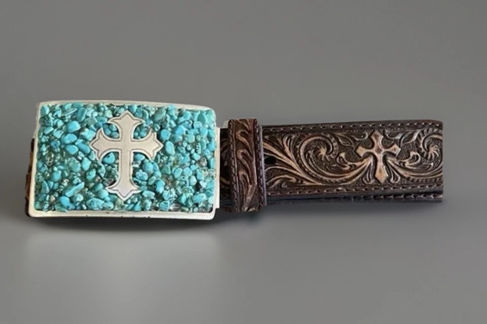 Cinturón para mujer Nocona de cuero marrón en relieve con hebilla cruzada turquesa talla M. Foto 4 de 4