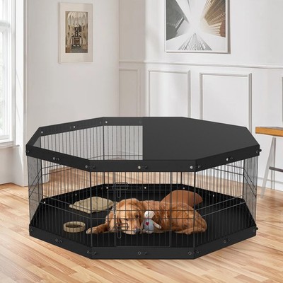 VEVOR Dog Playpen, 8 Panels Foldable Metal Dog Exercise Pen With Top Cover And B