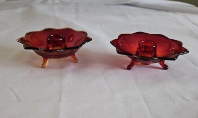 Vintage Fenton Ruby Red Amberina Lotus Candle Stick Holders Set Of 2