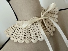 Vintage Handmade Crochet Collar Victorian Woven Ribbon Tie Scalloped Edge