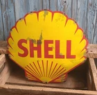 LARGE Vintage SHELL Die Cut Clam Logo Porcelain Metal Oil Gas Pump Plate Sign