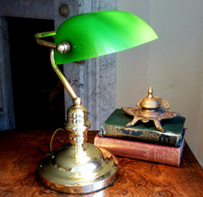 Brass table desk Bankers lamp green glass shade 