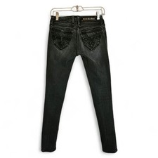 Rock Revival Charlotte Skinny Charcoal Black Sequin Fleur-de-Lis Jeans  26